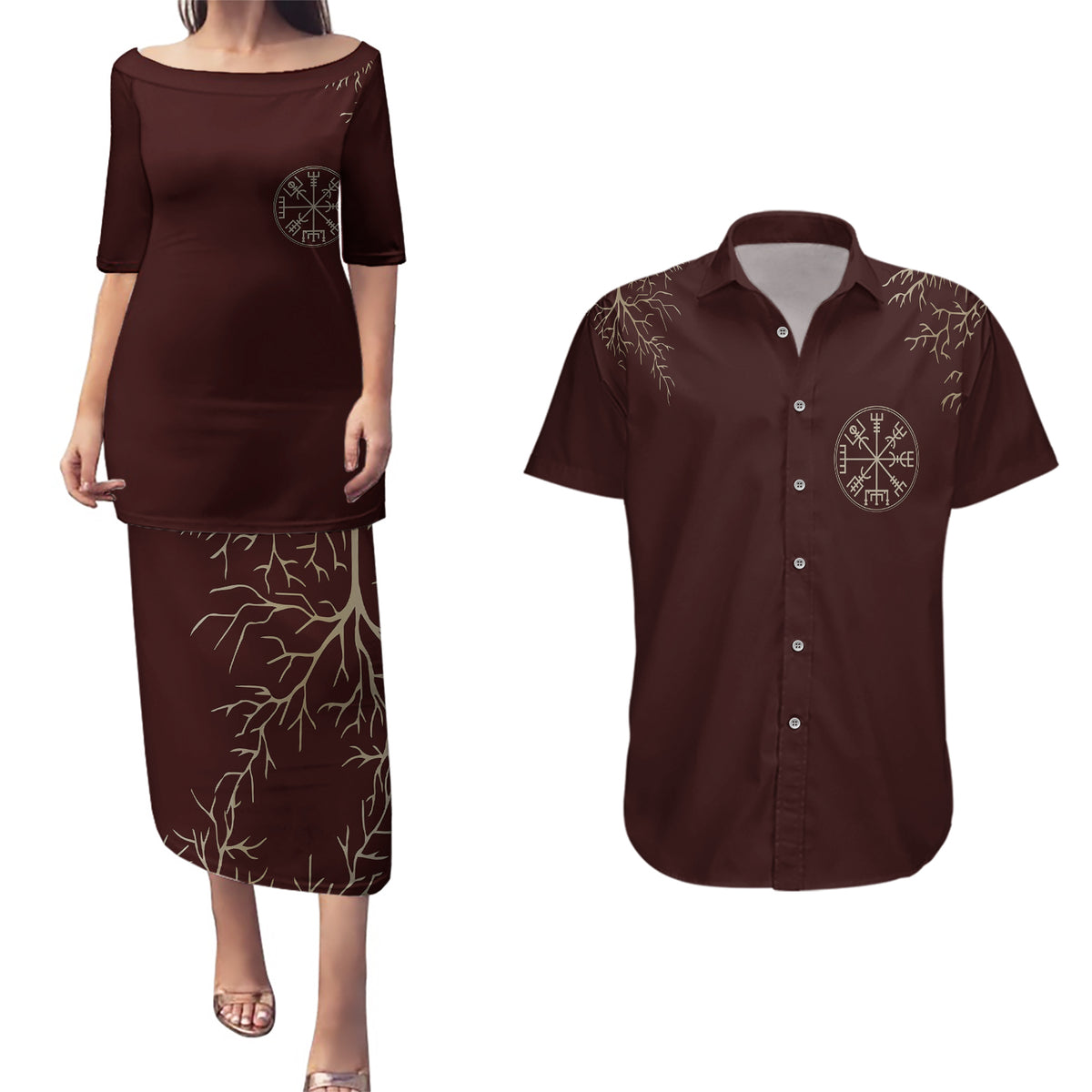 Viking Couples Matching Puletasi Dress and Hawaiian Shirt Yggdrasil Pattern And Ancient Rune - Wonder Print Shop