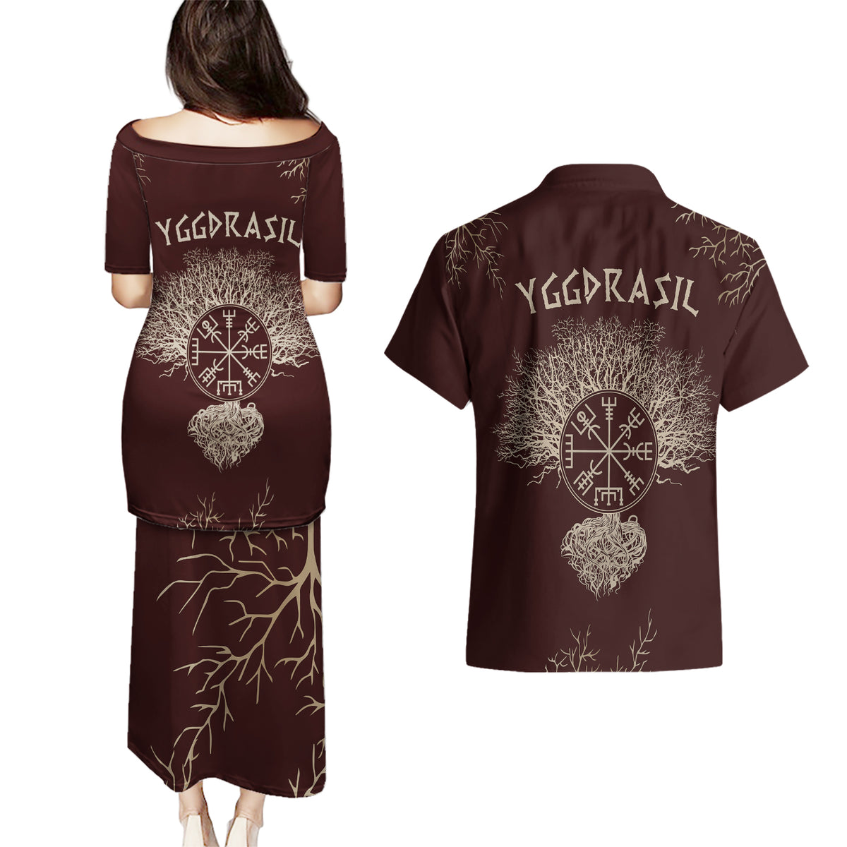 Viking Couples Matching Puletasi Dress and Hawaiian Shirt Yggdrasil Pattern And Ancient Rune - Wonder Print Shop