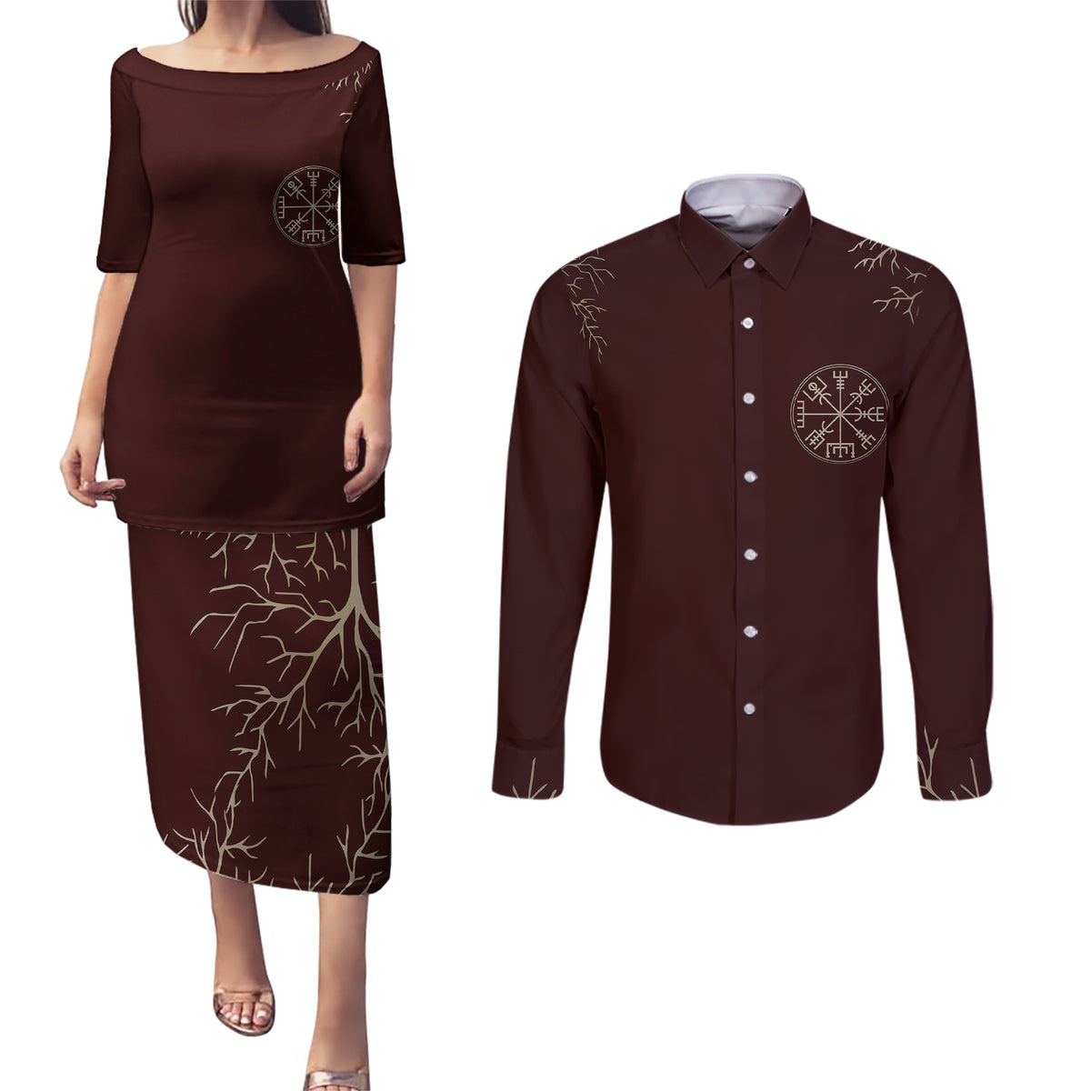 Viking Couples Matching Puletasi Dress and Long Sleeve Button Shirts Yggdrasil Pattern And Ancient Rune - Wonder Print Shop