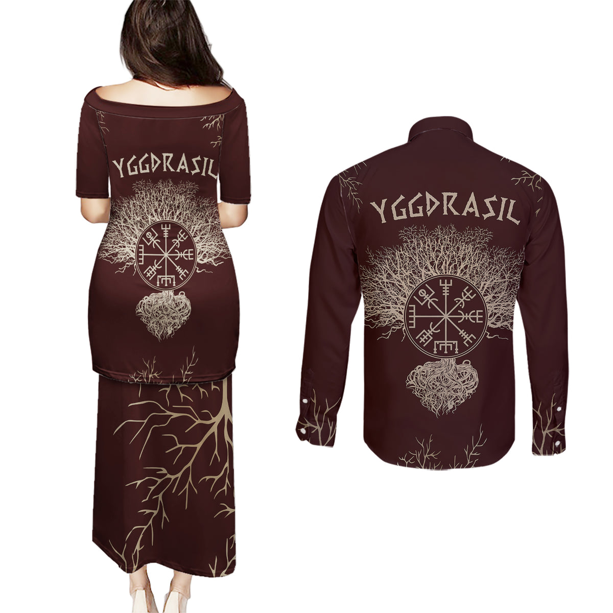 Viking Couples Matching Puletasi Dress and Long Sleeve Button Shirts Yggdrasil Pattern And Ancient Rune - Wonder Print Shop