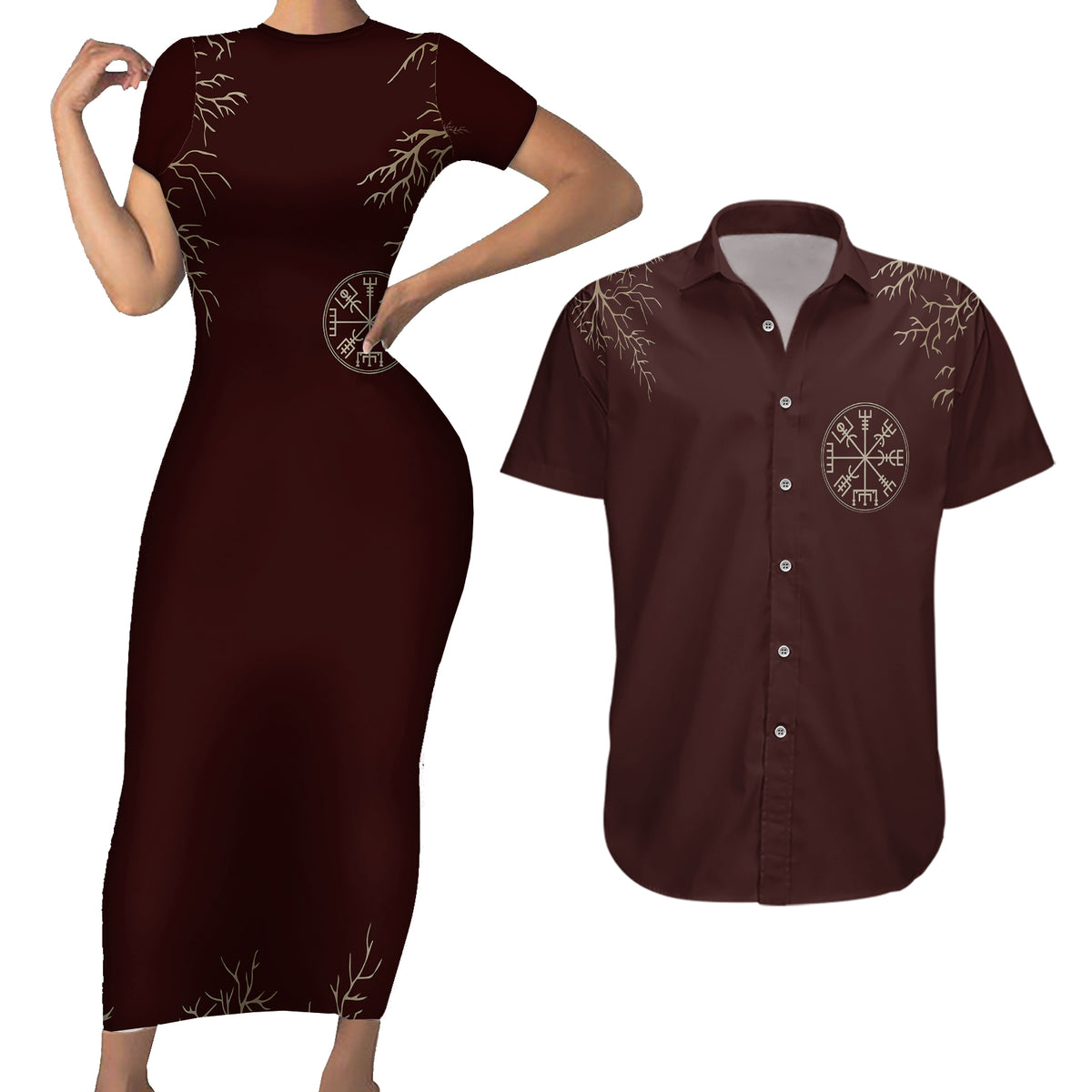 Viking Couples Matching Short Sleeve Bodycon Dress and Hawaiian Shirt Yggdrasil Pattern And Ancient Rune - Wonder Print Shop