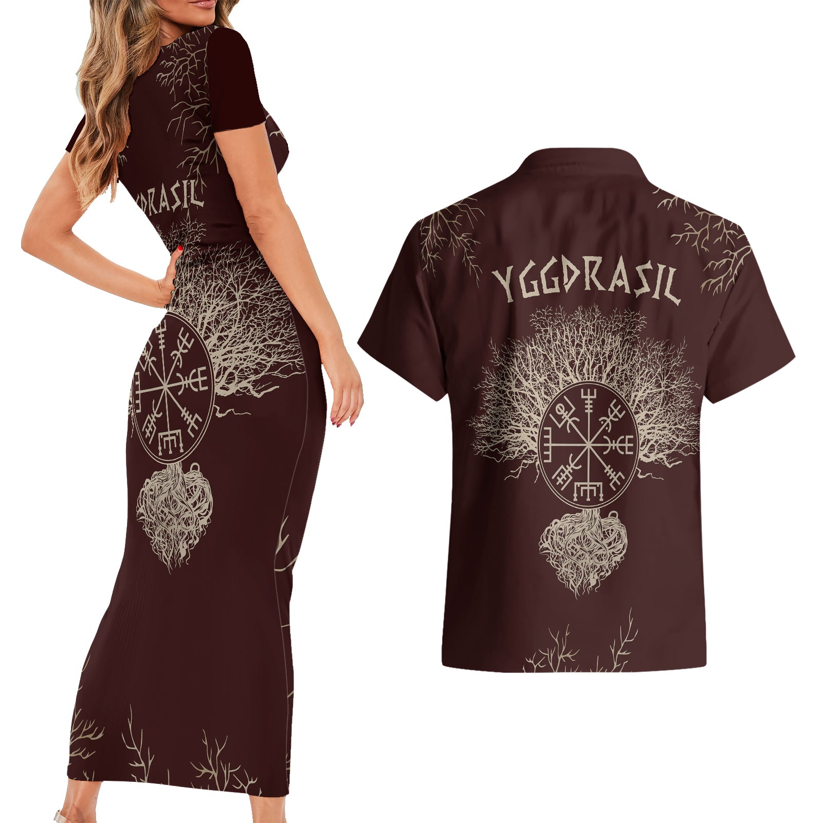 Viking Couples Matching Short Sleeve Bodycon Dress and Hawaiian Shirt Yggdrasil Pattern And Ancient Rune - Wonder Print Shop