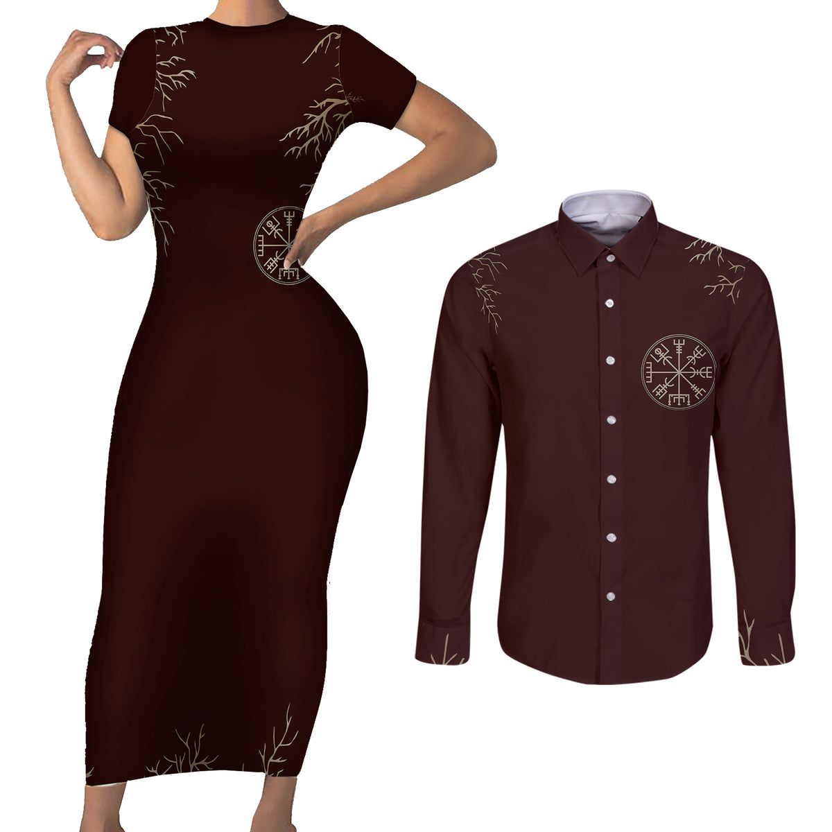 Viking Couples Matching Short Sleeve Bodycon Dress and Long Sleeve Button Shirts Yggdrasil Pattern And Ancient Rune - Wonder Print Shop