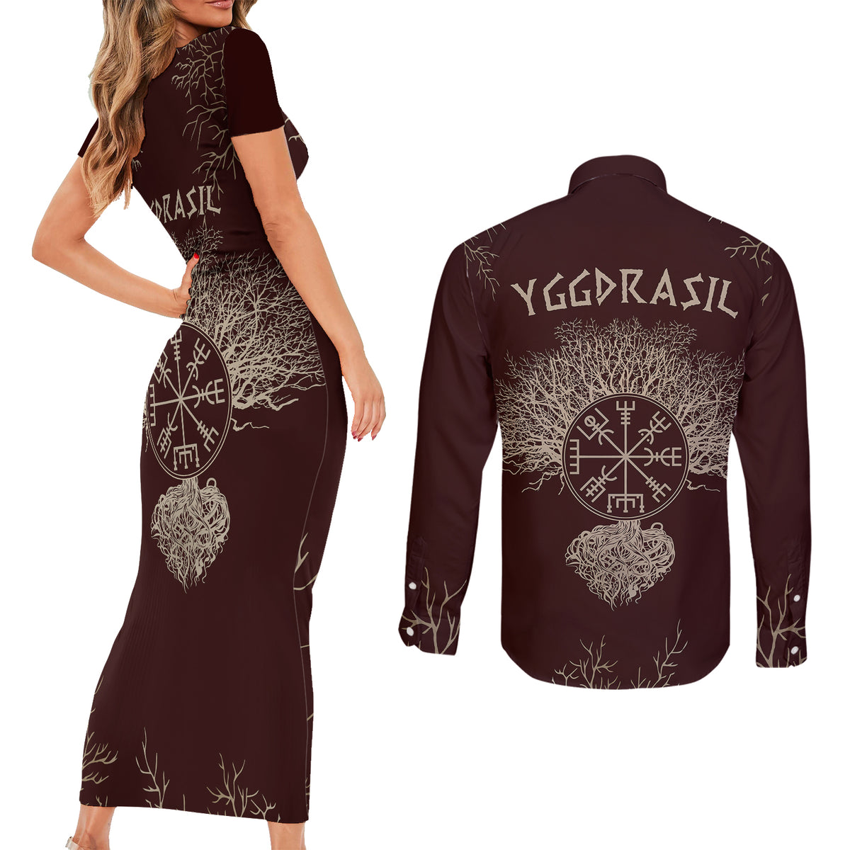 Viking Couples Matching Short Sleeve Bodycon Dress and Long Sleeve Button Shirts Yggdrasil Pattern And Ancient Rune - Wonder Print Shop
