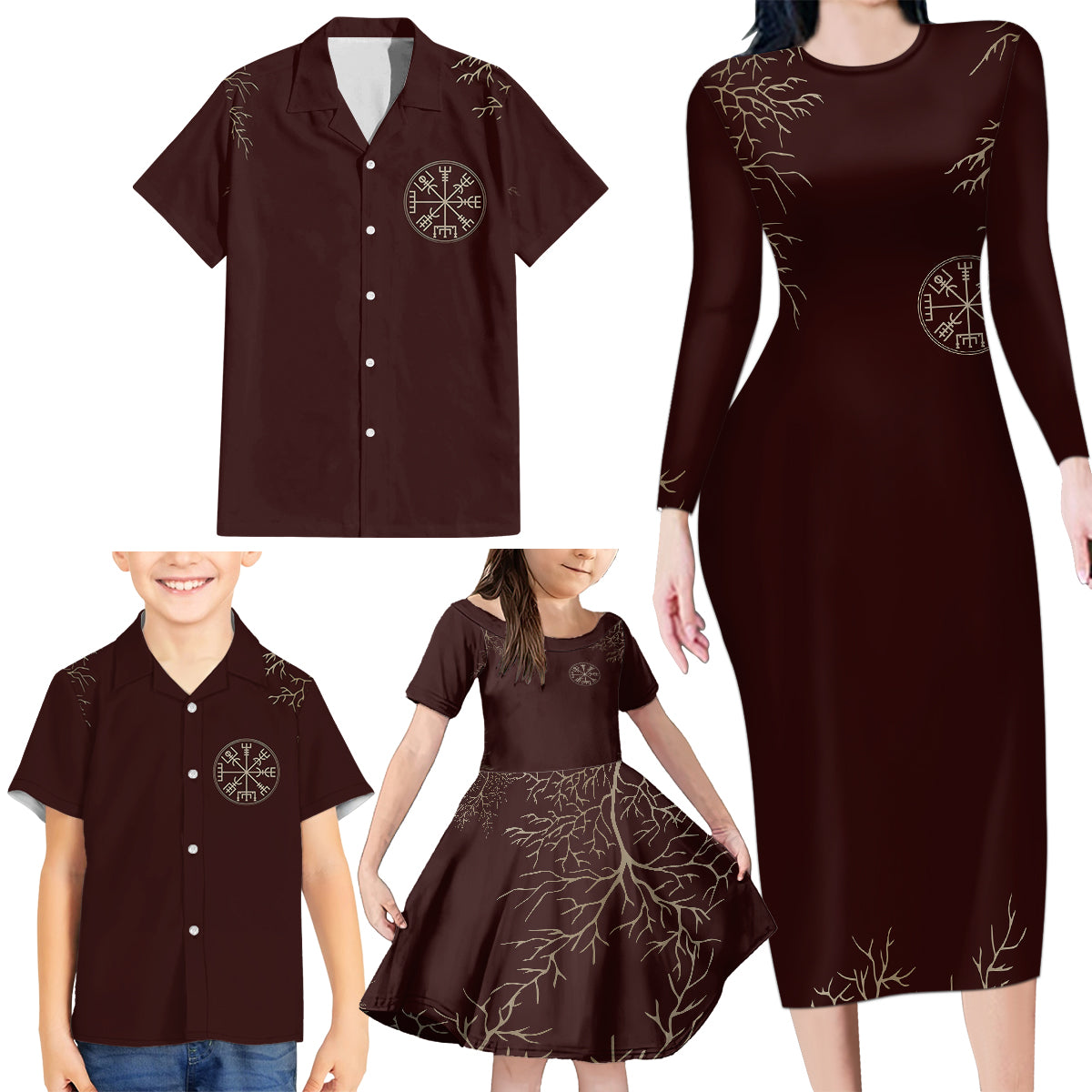 Viking Family Matching Long Sleeve Bodycon Dress and Hawaiian Shirt Yggdrasil Pattern And Ancient Rune - Wonder Print Shop