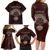Viking Family Matching Long Sleeve Bodycon Dress and Hawaiian Shirt Yggdrasil Pattern And Ancient Rune - Wonder Print Shop