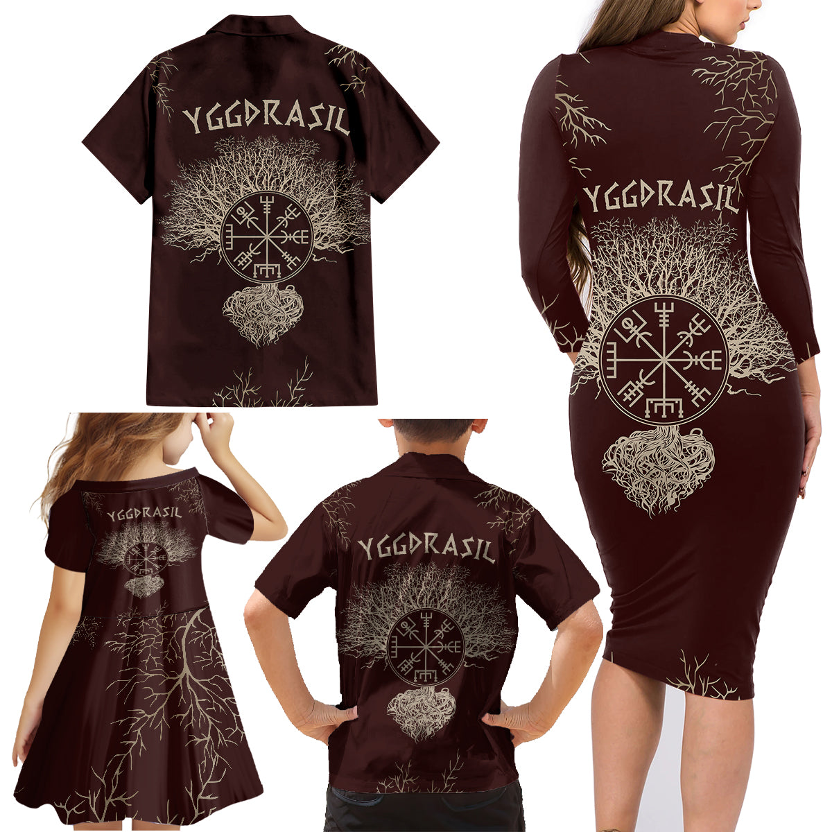 Viking Family Matching Long Sleeve Bodycon Dress and Hawaiian Shirt Yggdrasil Pattern And Ancient Rune - Wonder Print Shop
