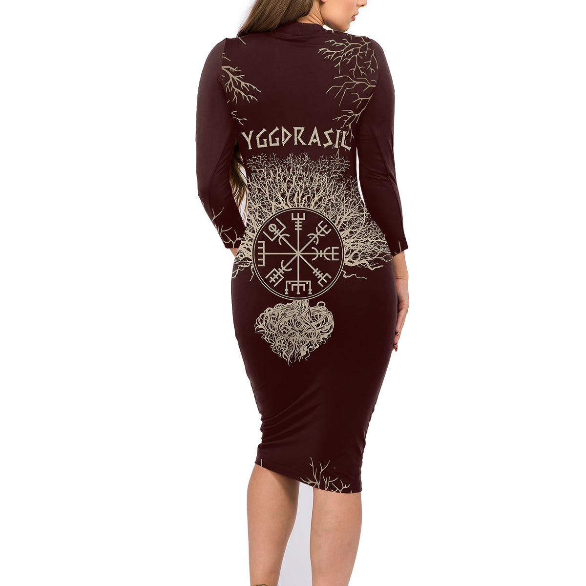 Viking Family Matching Long Sleeve Bodycon Dress and Hawaiian Shirt Yggdrasil Pattern And Ancient Rune - Wonder Print Shop