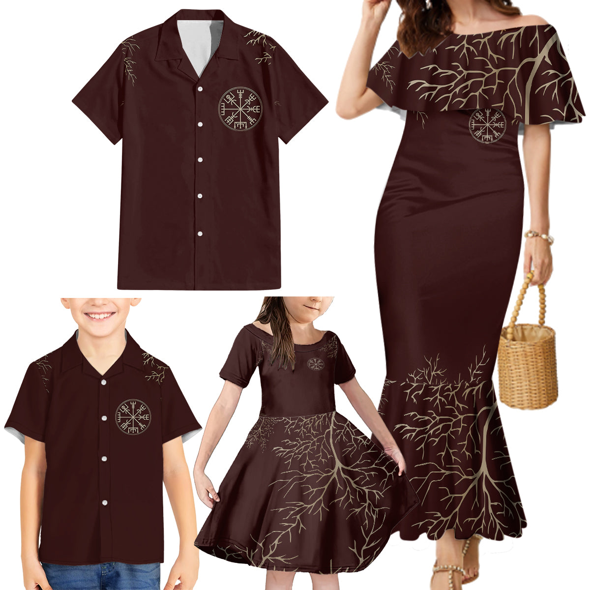 Viking Family Matching Mermaid Dress and Hawaiian Shirt Yggdrasil Pattern And Ancient Rune - Wonder Print Shop