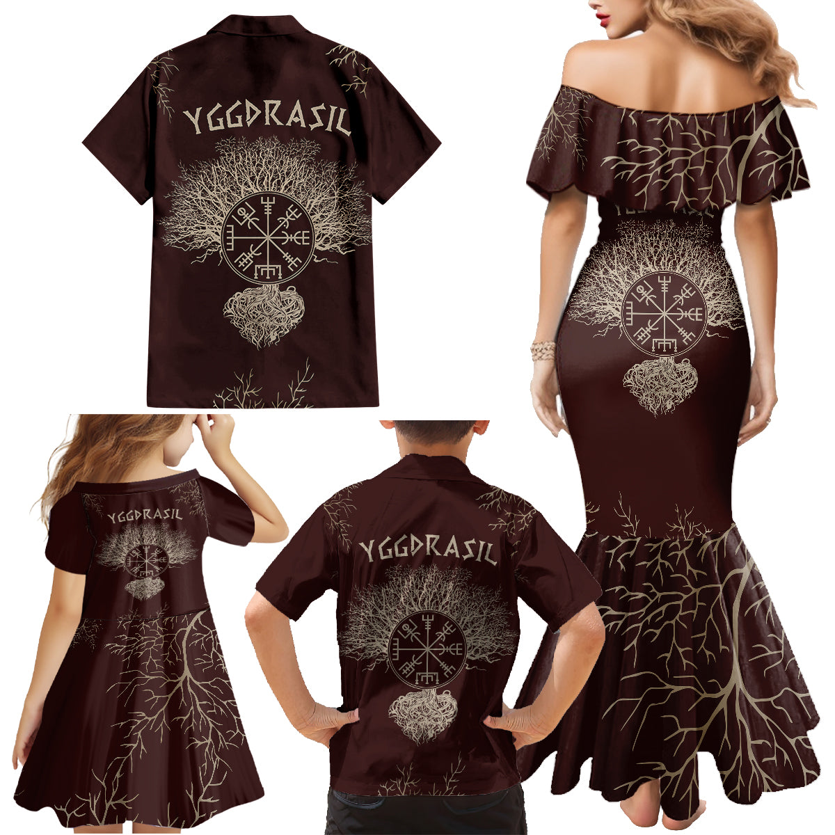 Viking Family Matching Mermaid Dress and Hawaiian Shirt Yggdrasil Pattern And Ancient Rune - Wonder Print Shop