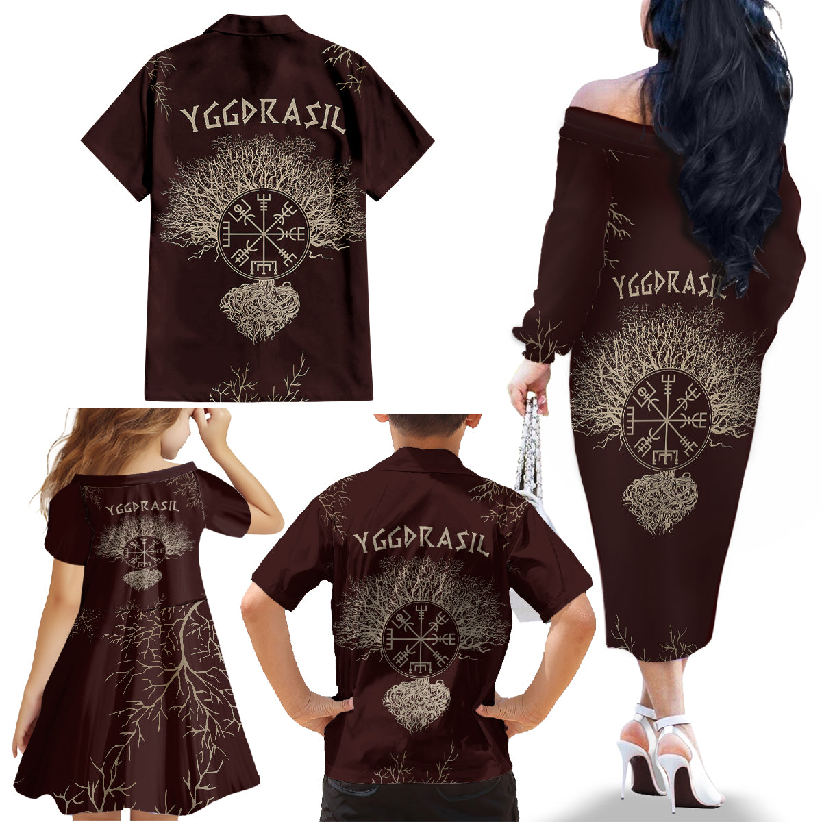 Viking Family Matching Off Shoulder Long Sleeve Dress and Hawaiian Shirt Yggdrasil Pattern And Ancient Rune - Wonder Print Shop