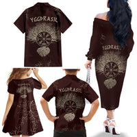 Viking Family Matching Off Shoulder Long Sleeve Dress and Hawaiian Shirt Yggdrasil Pattern And Ancient Rune - Wonder Print Shop