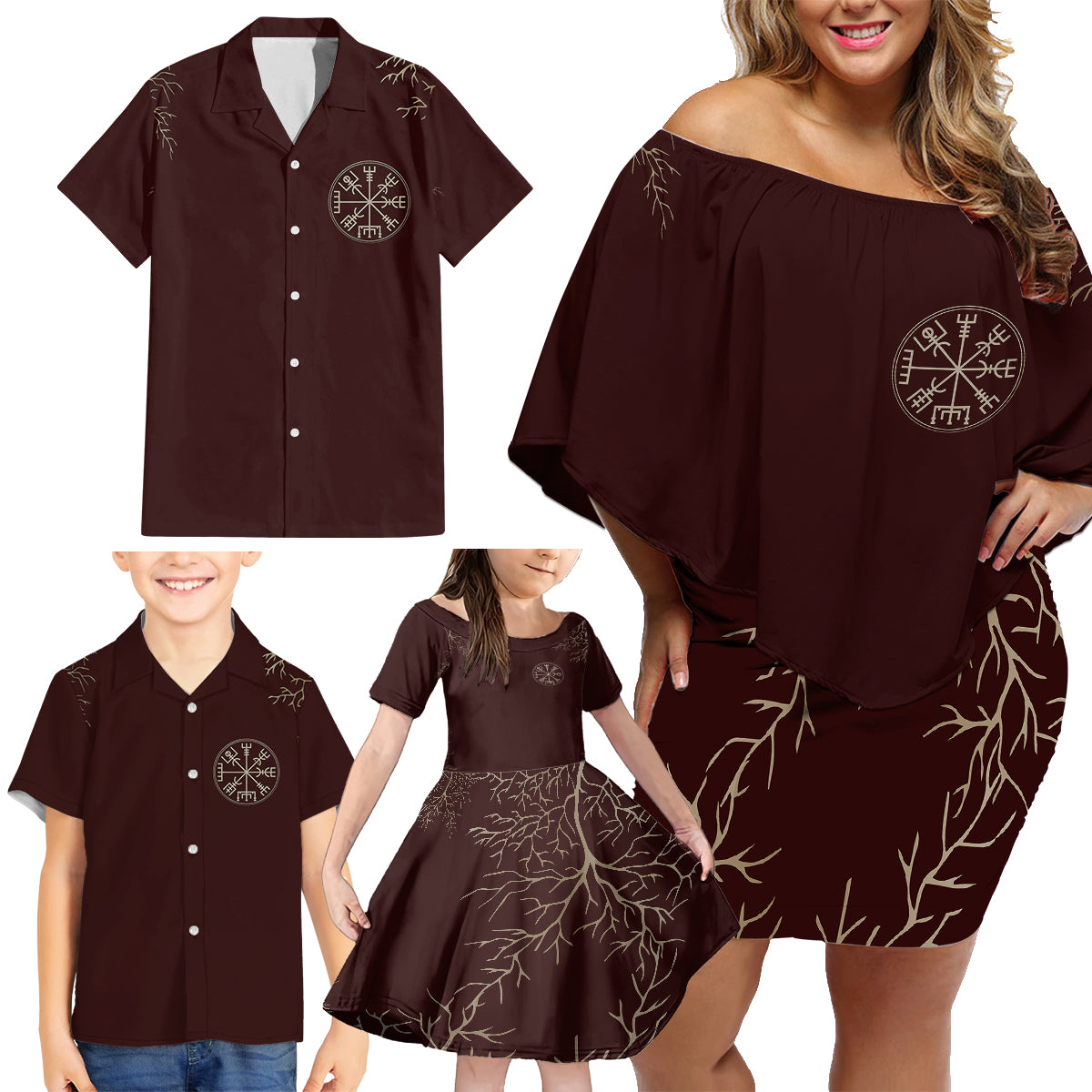 Viking Family Matching Off Shoulder Short Dress and Hawaiian Shirt Yggdrasil Pattern And Ancient Rune - Wonder Print Shop