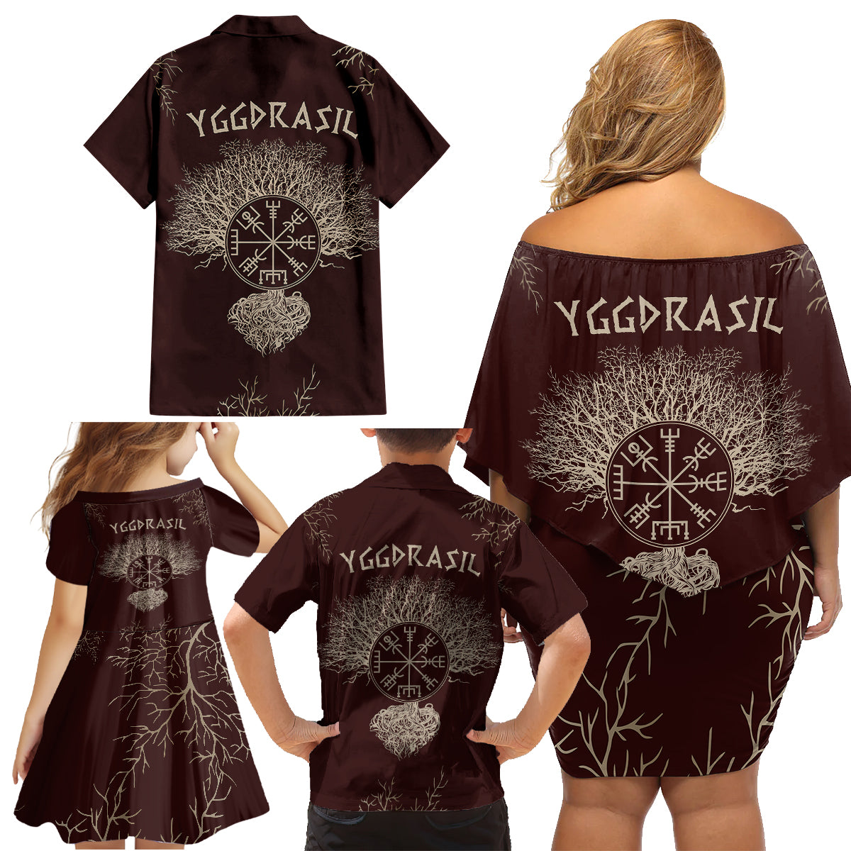 Viking Family Matching Off Shoulder Short Dress and Hawaiian Shirt Yggdrasil Pattern And Ancient Rune - Wonder Print Shop