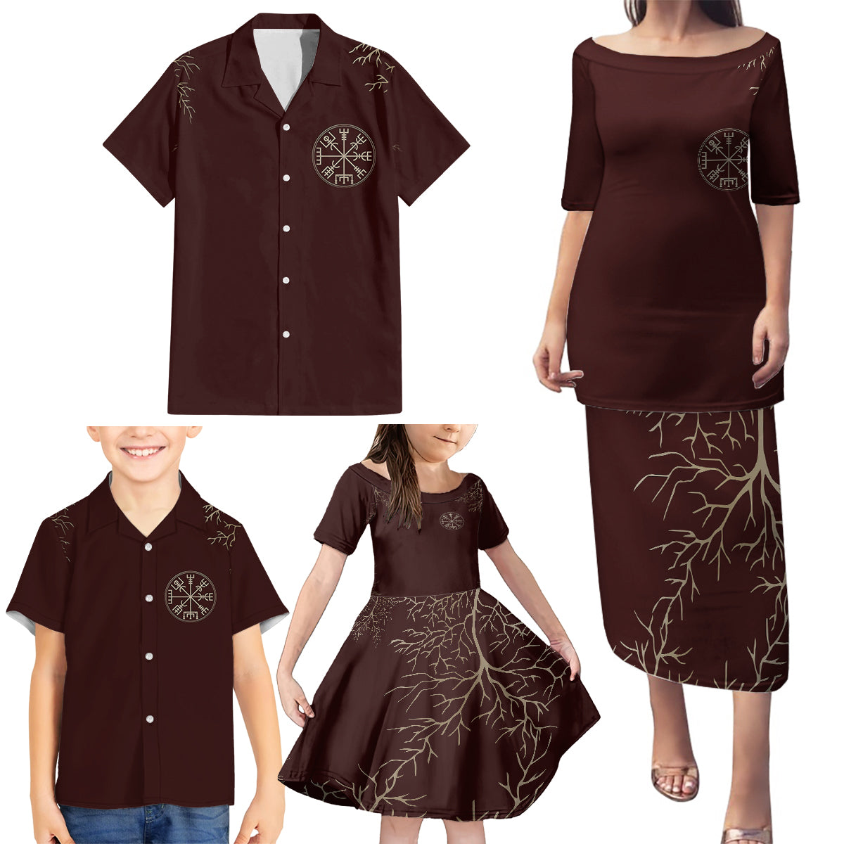Viking Family Matching Puletasi Dress and Hawaiian Shirt Yggdrasil Pattern And Ancient Rune - Wonder Print Shop