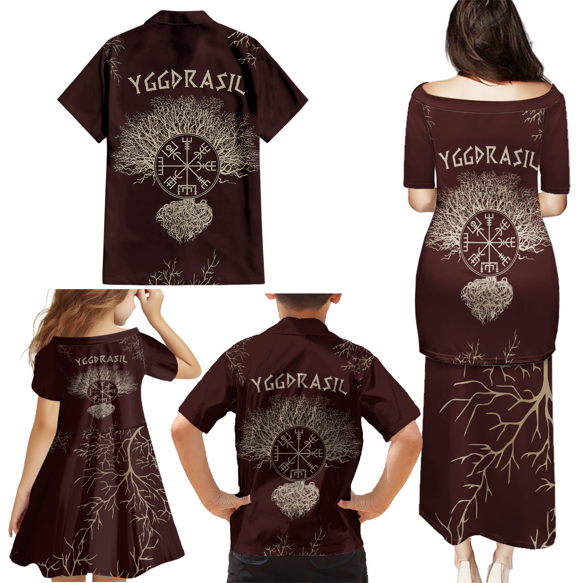 Viking Family Matching Puletasi Dress and Hawaiian Shirt Yggdrasil Pattern And Ancient Rune - Wonder Print Shop