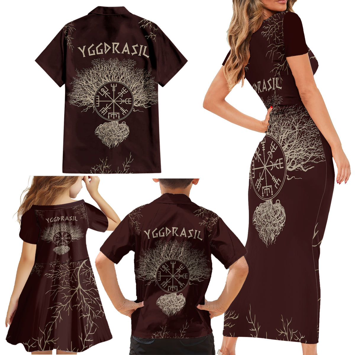 Viking Family Matching Short Sleeve Bodycon Dress and Hawaiian Shirt Yggdrasil Pattern And Ancient Rune - Wonder Print Shop
