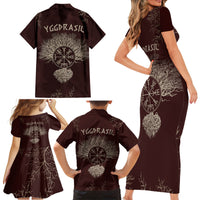Viking Family Matching Short Sleeve Bodycon Dress and Hawaiian Shirt Yggdrasil Pattern And Ancient Rune - Wonder Print Shop