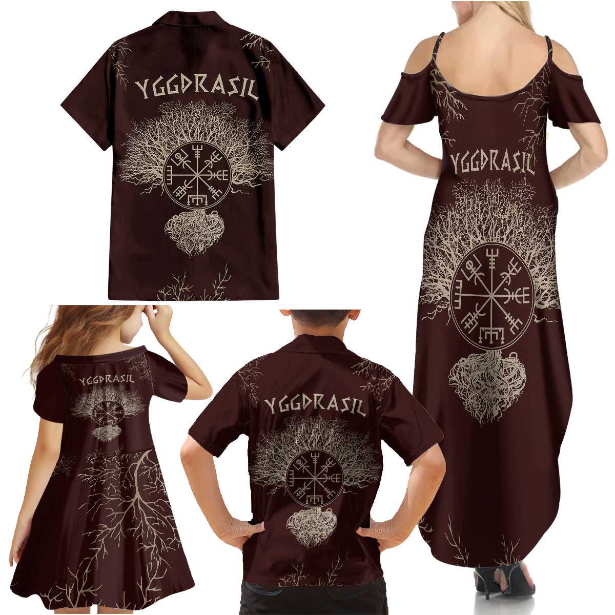 Viking Family Matching Summer Maxi Dress and Hawaiian Shirt Yggdrasil Pattern And Ancient Rune - Wonder Print Shop