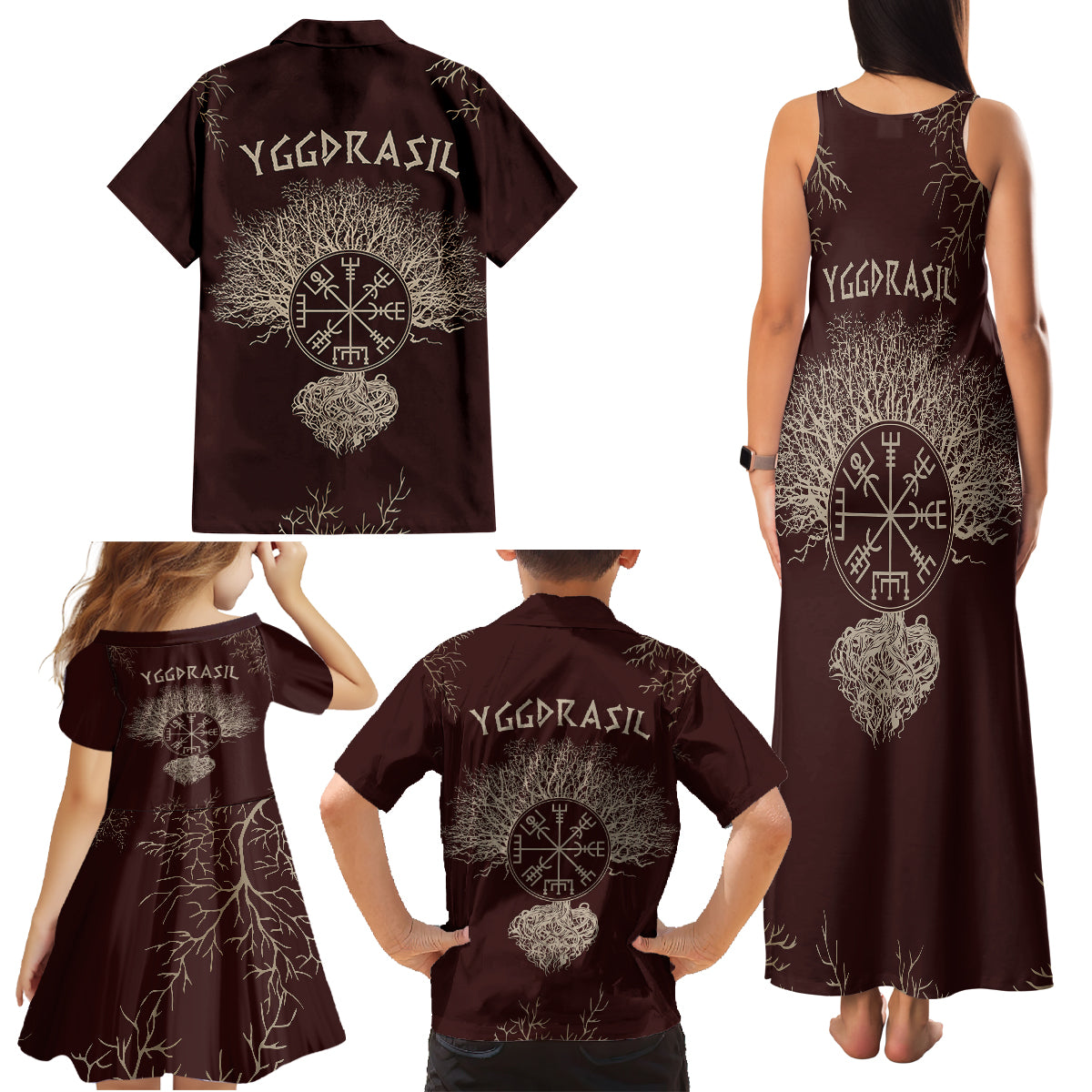 Viking Family Matching Tank Maxi Dress and Hawaiian Shirt Yggdrasil Pattern And Ancient Rune - Wonder Print Shop