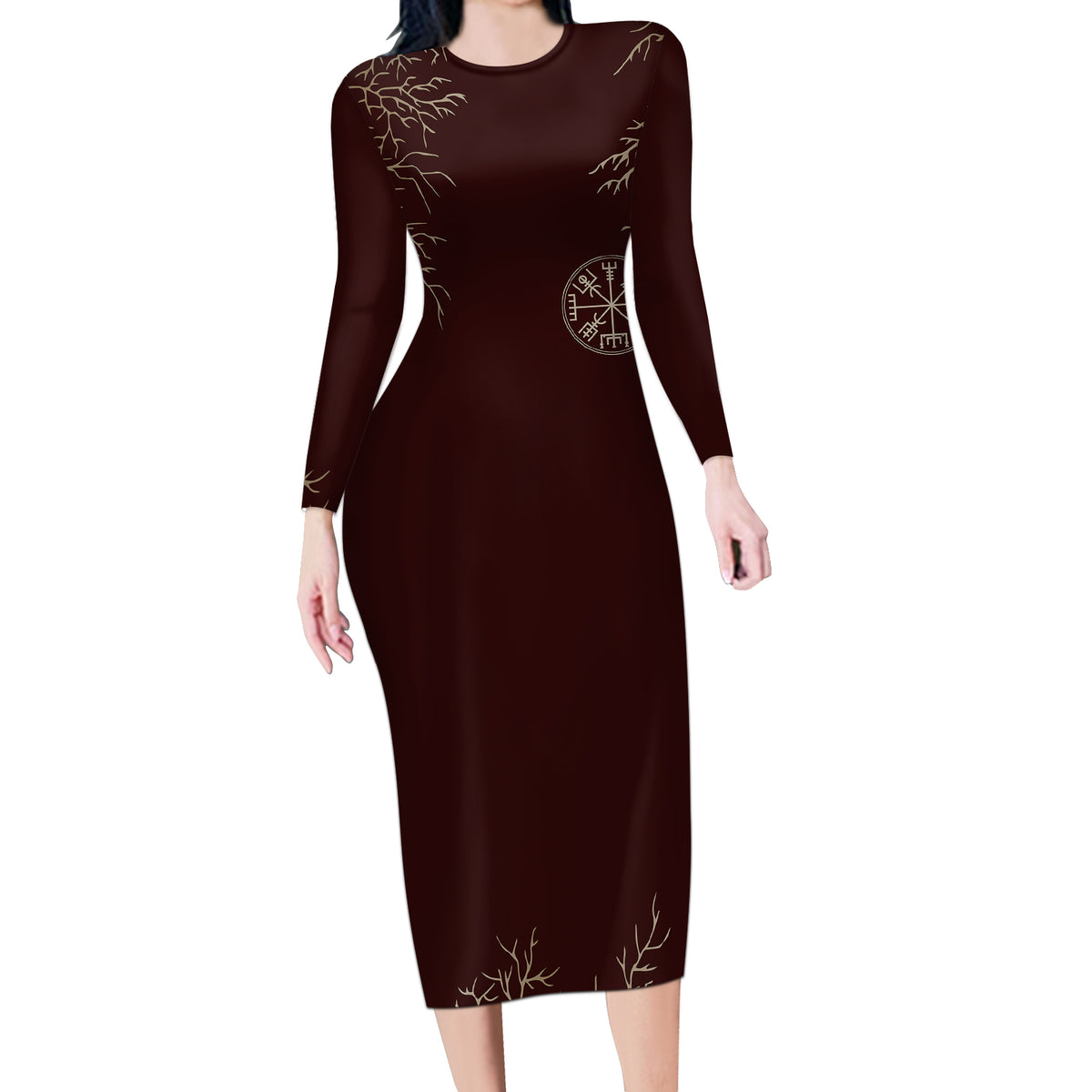 Viking Long Sleeve Bodycon Dress Yggdrasil Pattern And Ancient Rune - Wonder Print Shop