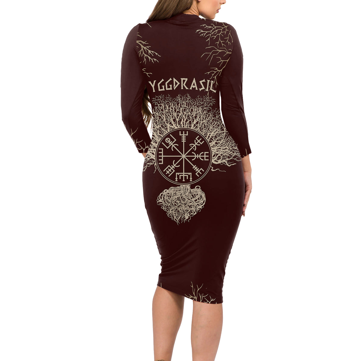 Viking Long Sleeve Bodycon Dress Yggdrasil Pattern And Ancient Rune - Wonder Print Shop