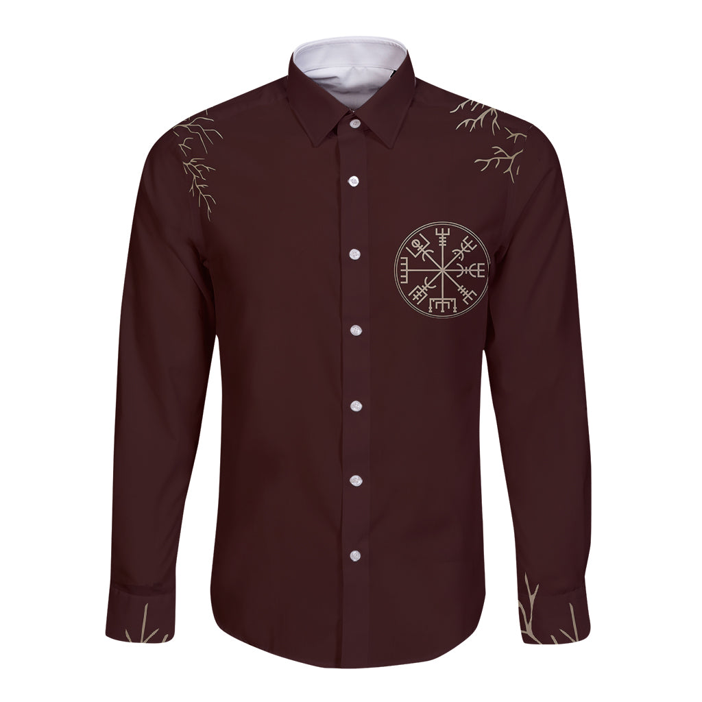 Viking Long Sleeve Button Shirt Yggdrasil Pattern And Ancient Rune - Wonder Print Shop