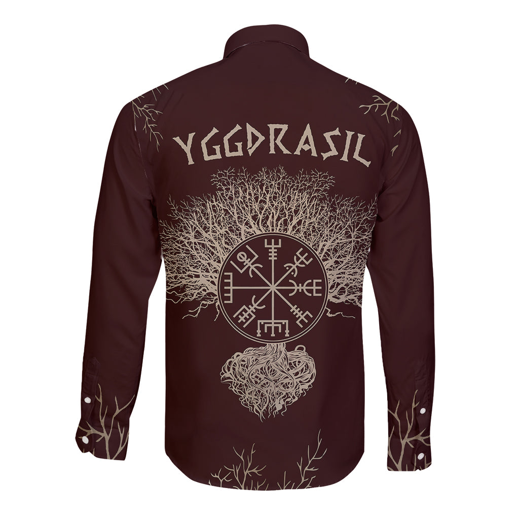 Viking Long Sleeve Button Shirt Yggdrasil Pattern And Ancient Rune - Wonder Print Shop