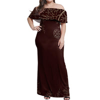 Viking Off Shoulder Maxi Dress Yggdrasil Pattern And Ancient Rune - Wonder Print Shop