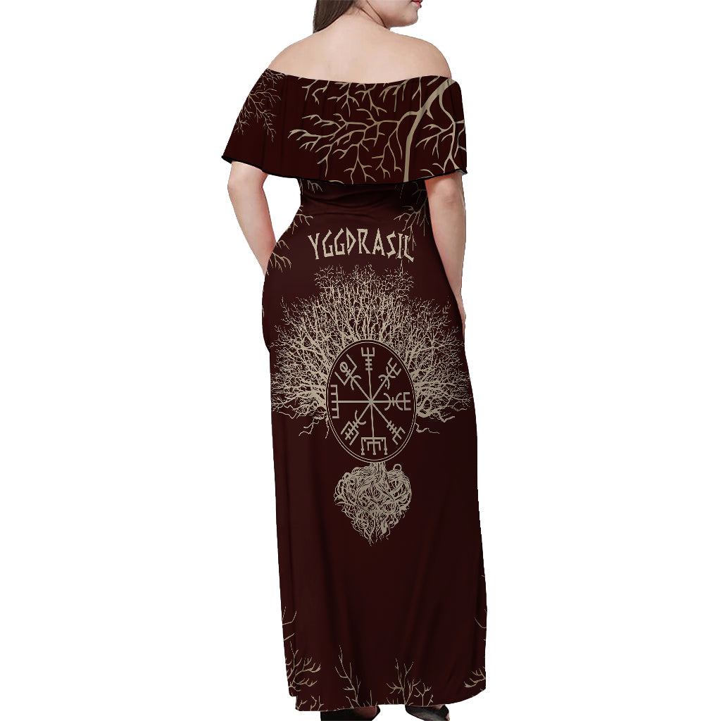 Viking Off Shoulder Maxi Dress Yggdrasil Pattern And Ancient Rune - Wonder Print Shop