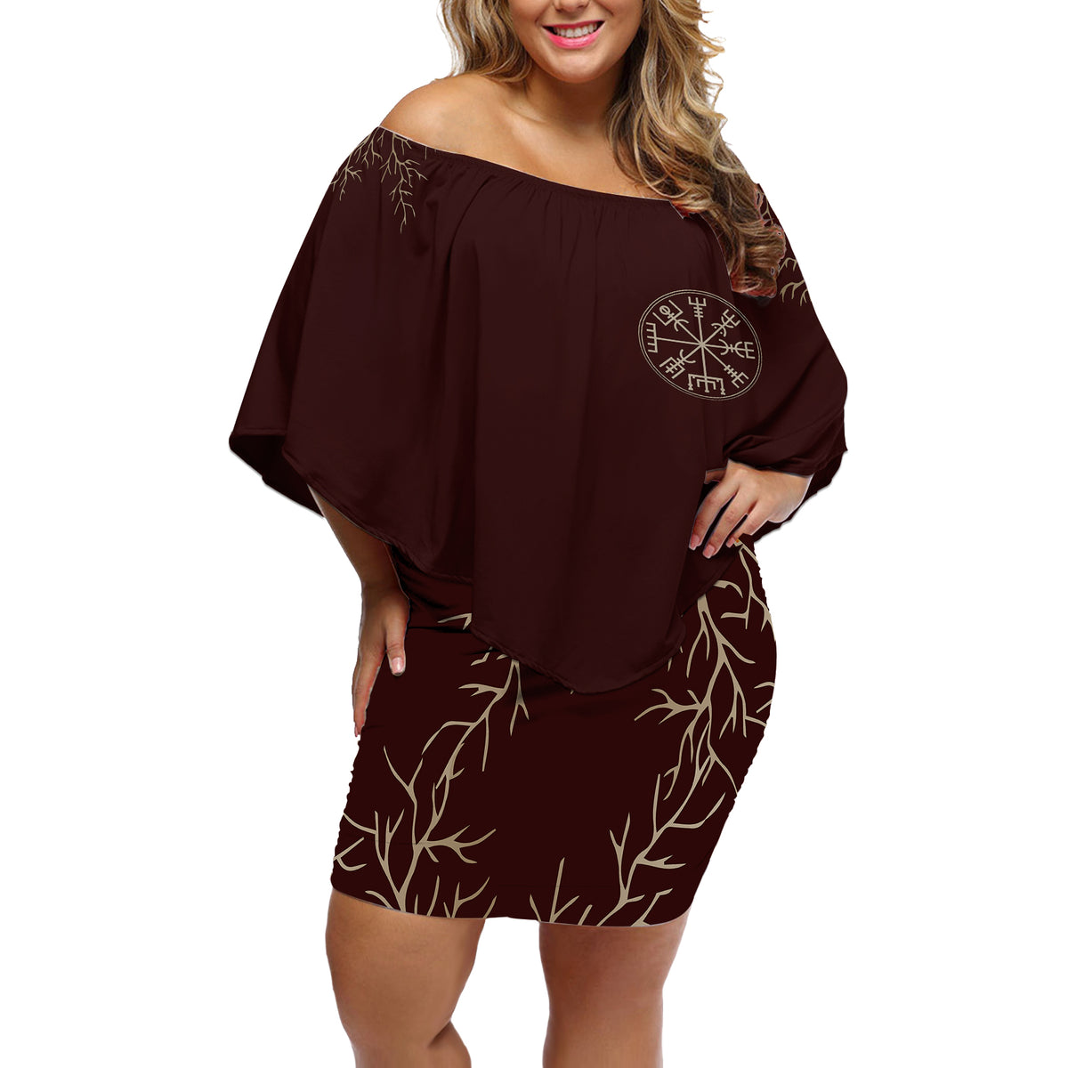 Viking Off Shoulder Short Dress Yggdrasil Pattern And Ancient Rune - Wonder Print Shop