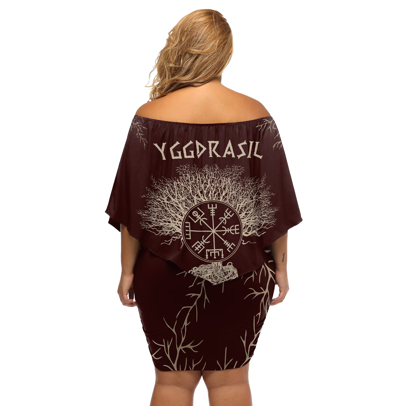 Viking Off Shoulder Short Dress Yggdrasil Pattern And Ancient Rune - Wonder Print Shop