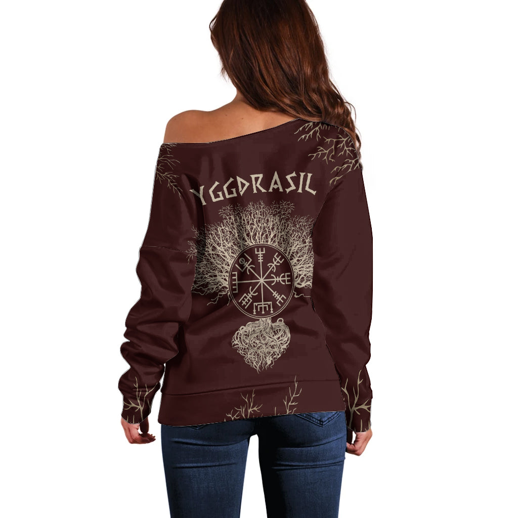 Viking Off Shoulder Sweater Yggdrasil Pattern And Ancient Rune - Wonder Print Shop