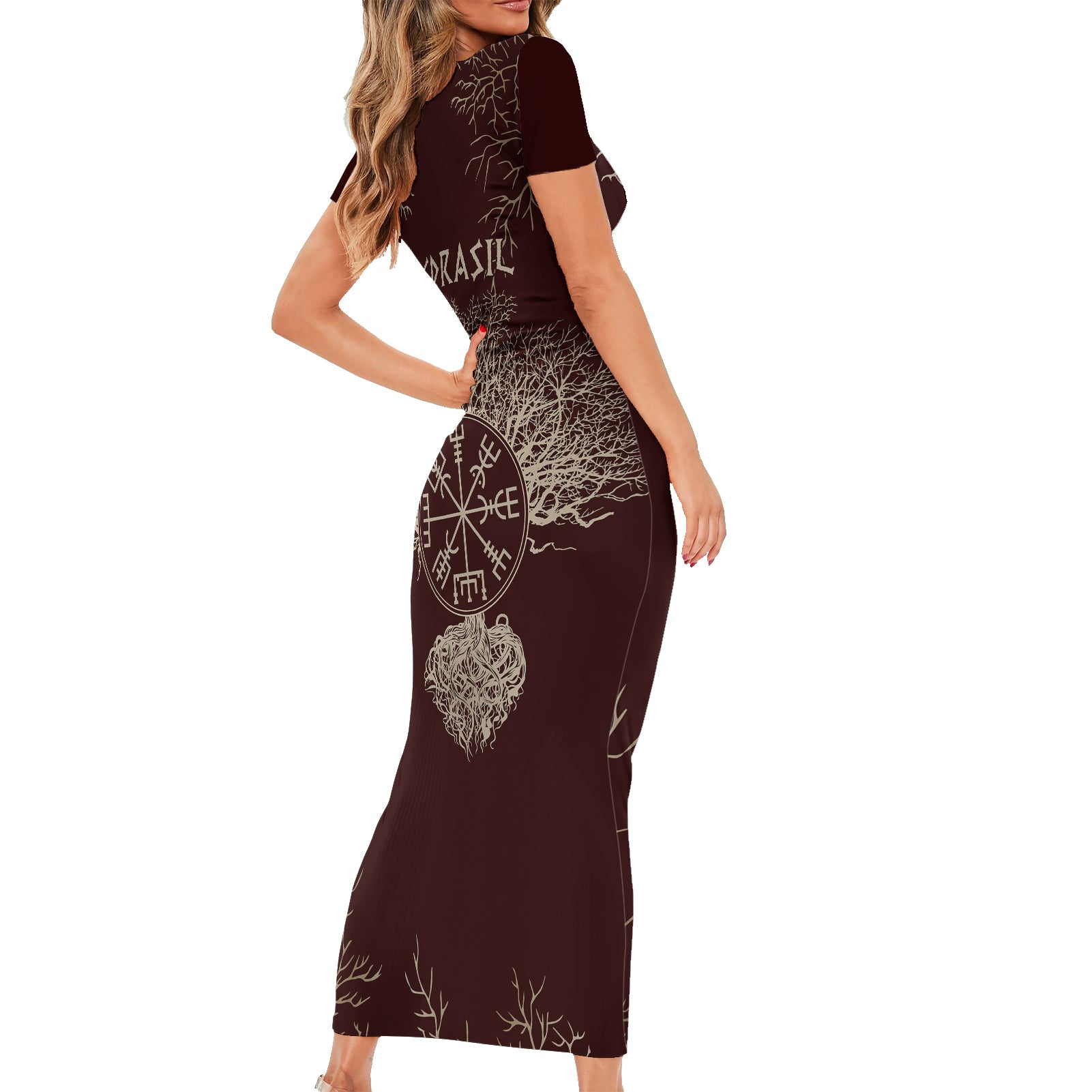 Viking Short Sleeve Bodycon Dress Yggdrasil Pattern And Ancient Rune - Wonder Print Shop