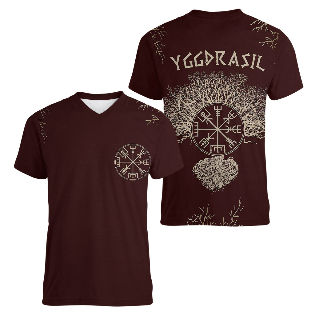 Viking Women V Neck T Shirt Yggdrasil Pattern And Ancient Rune - Wonder Print Shop