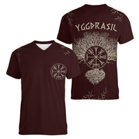 Viking Women V Neck T Shirt Yggdrasil Pattern And Ancient Rune - Wonder Print Shop