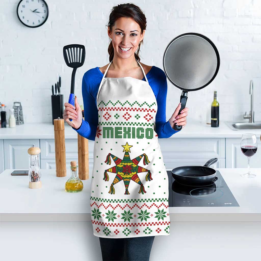 Mexico Christmas Apron with Piñata Star Design and Red Green Snowflake Pattern - Wonder Print Shop
