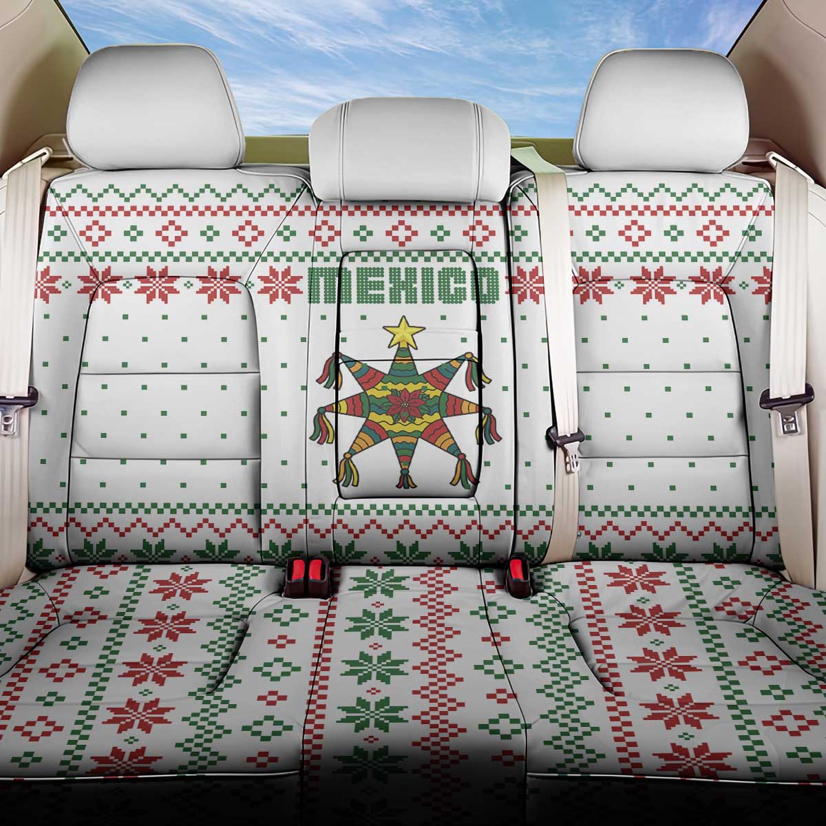 Mexico Christmas Back Car Seat Cover with Piñata Star Design and Red Green Snowflake Pattern - Wonder Print Shop