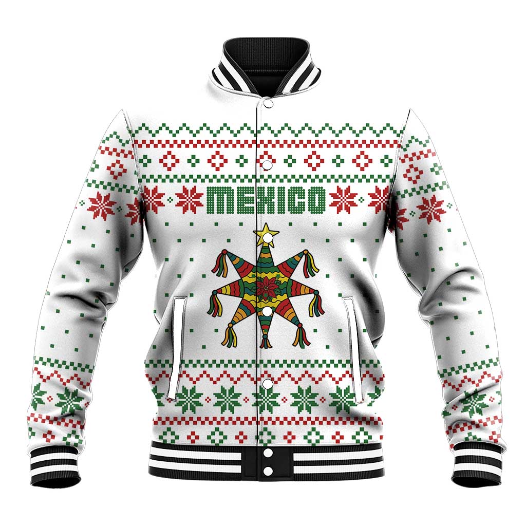 Mexico Christmas Baseball Jacket with Piñata Star Design and Red Green Snowflake Pattern - Wonder Print Shop