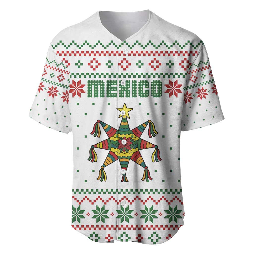 Mexico Christmas Baseball Jersey with Piñata Star Design and Red Green Snowflake Pattern - Wonder Print Shop