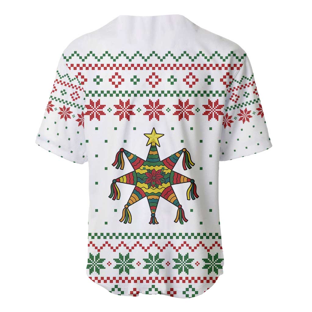 Mexico Christmas Baseball Jersey with Piñata Star Design and Red Green Snowflake Pattern - Wonder Print Shop