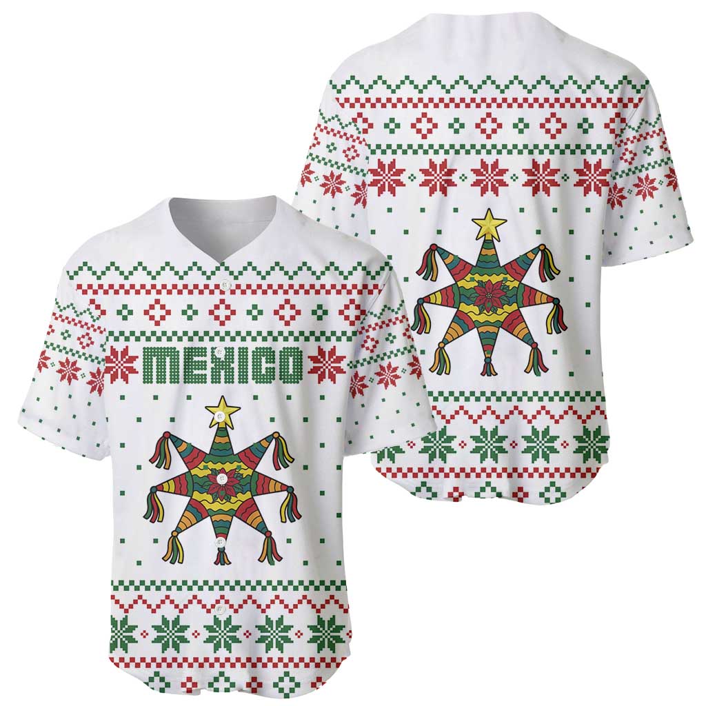 Mexico Christmas Baseball Jersey with Piñata Star Design and Red Green Snowflake Pattern - Wonder Print Shop