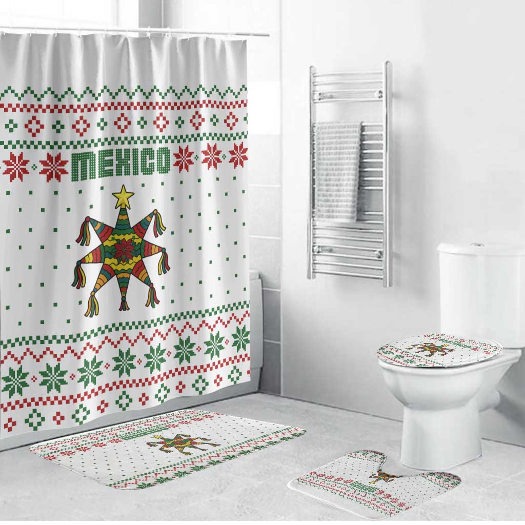 Mexico Christmas Bathroom Set with Piñata Star Design and Red Green Snowflake Pattern - Wonder Print Shop