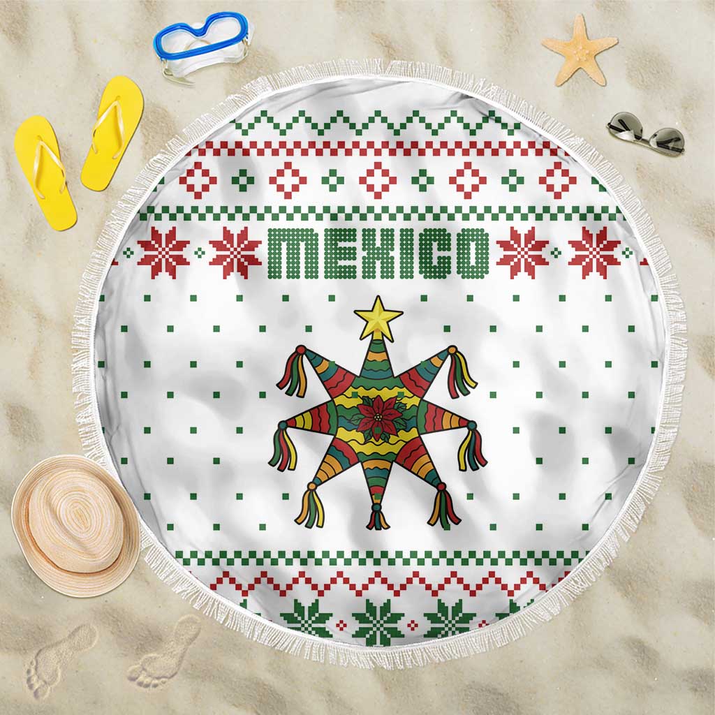 Mexico Christmas Beach Blanket with Piñata Star Design and Red Green Snowflake Pattern - Wonder Print Shop