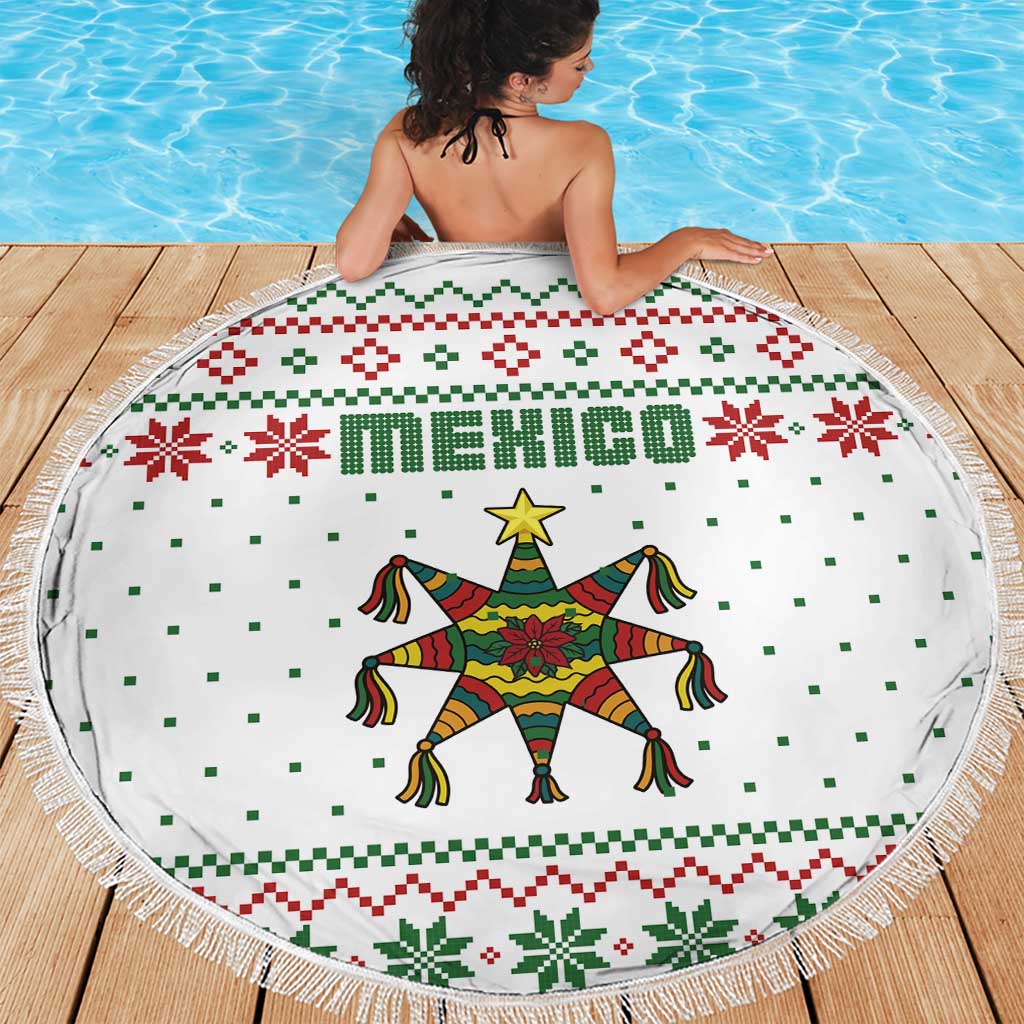 Mexico Christmas Beach Blanket with Piñata Star Design and Red Green Snowflake Pattern - Wonder Print Shop