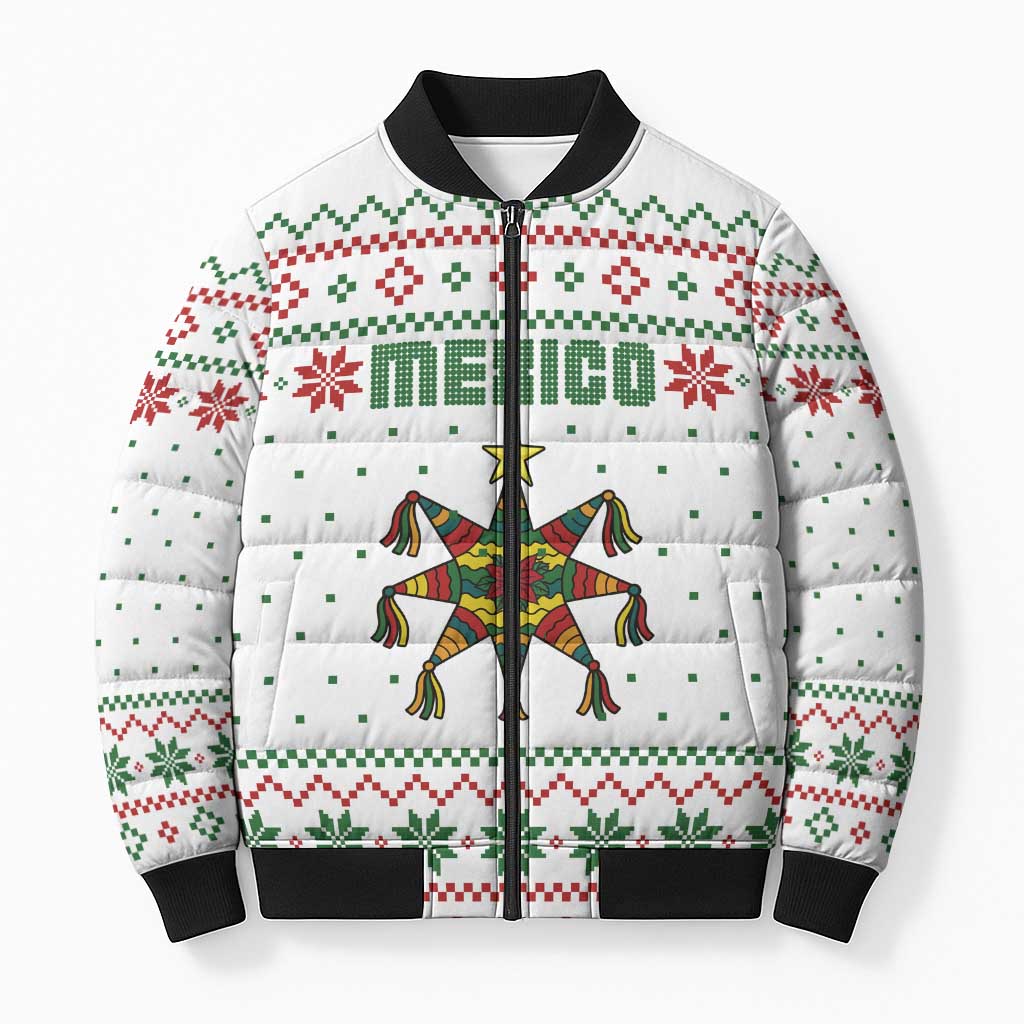 Mexico Christmas Bomber Puffer Jacket with Piñata Star Design and Red Green Snowflake Pattern - Wonder Print Shop