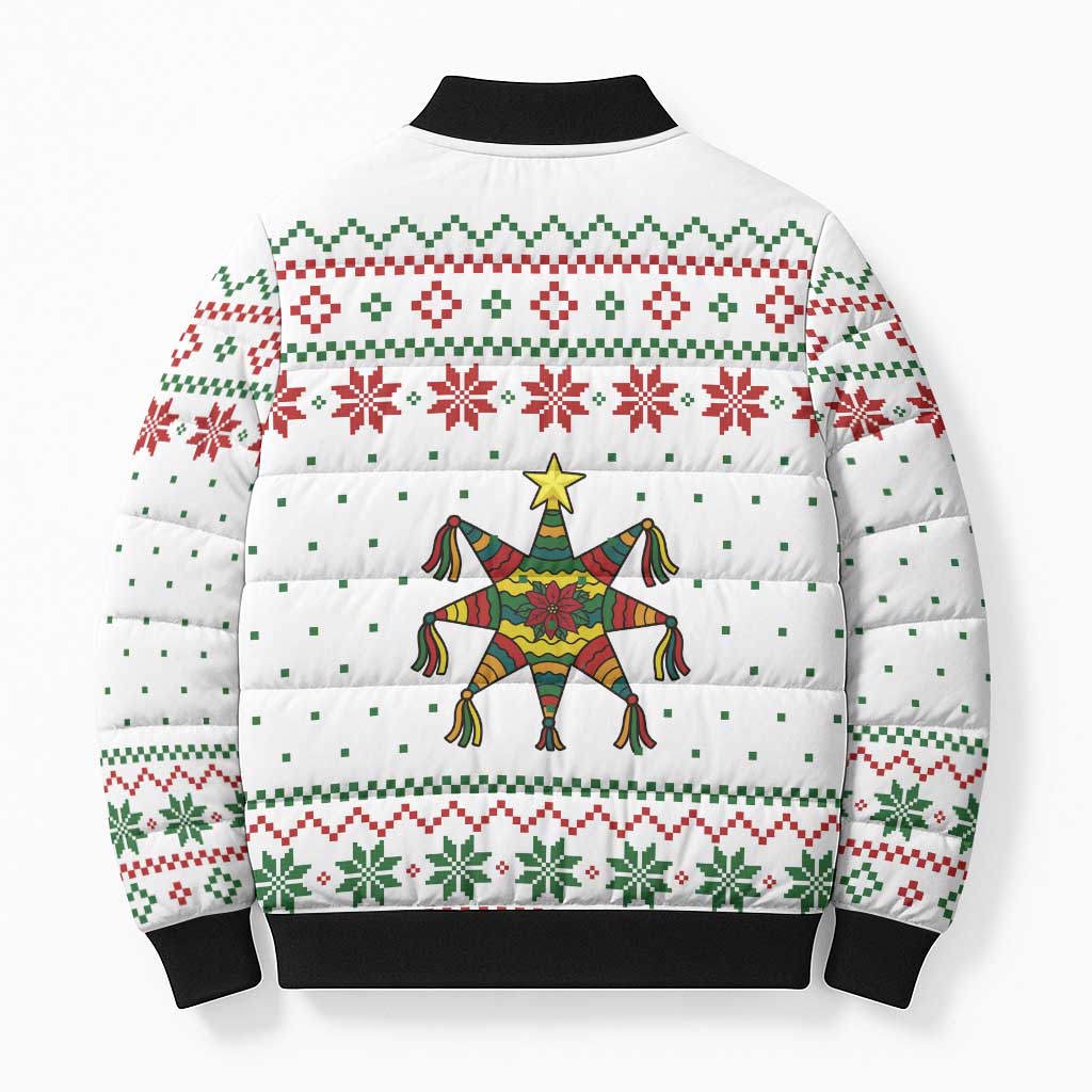 Mexico Christmas Bomber Puffer Jacket with Piñata Star Design and Red Green Snowflake Pattern - Wonder Print Shop