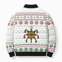 Mexico Christmas Bomber Puffer Jacket with Piñata Star Design and Red Green Snowflake Pattern - Wonder Print Shop