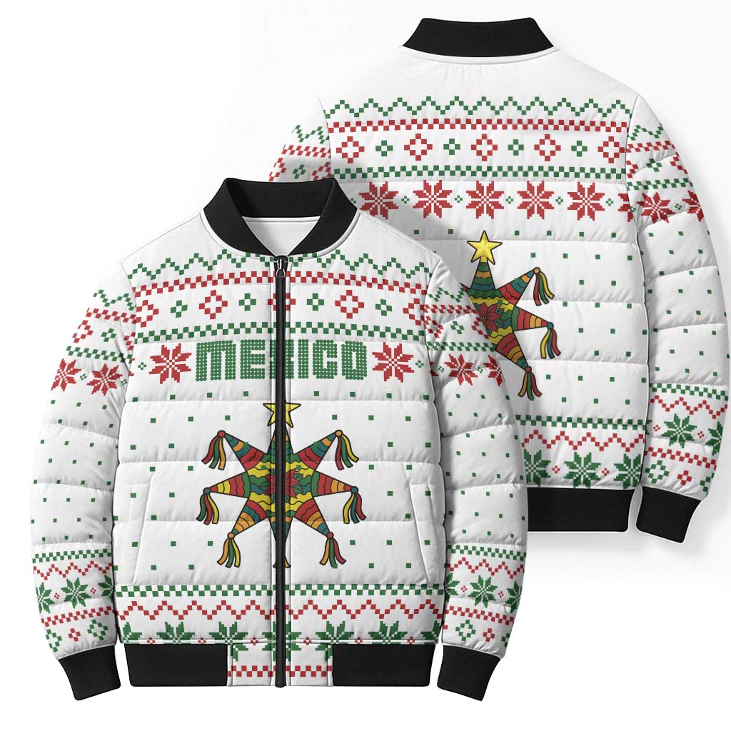 Mexico Christmas Bomber Puffer Jacket with Piñata Star Design and Red Green Snowflake Pattern - Wonder Print Shop