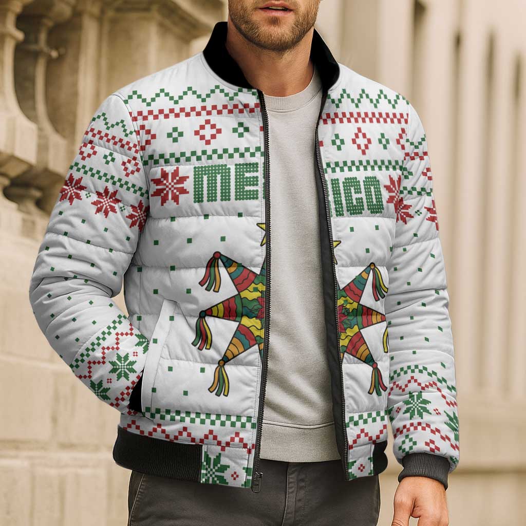 Mexico Christmas Bomber Puffer Jacket with Piñata Star Design and Red Green Snowflake Pattern - Wonder Print Shop